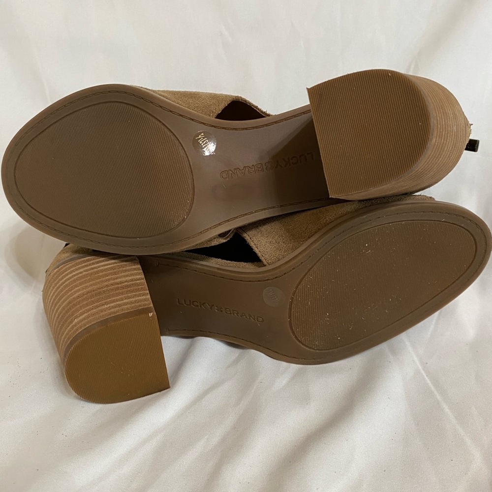 Lucky Brand Keight Tan Suede Peep-Toe Heeled Boots, Women’s Size 7 - Picture 6 of 9